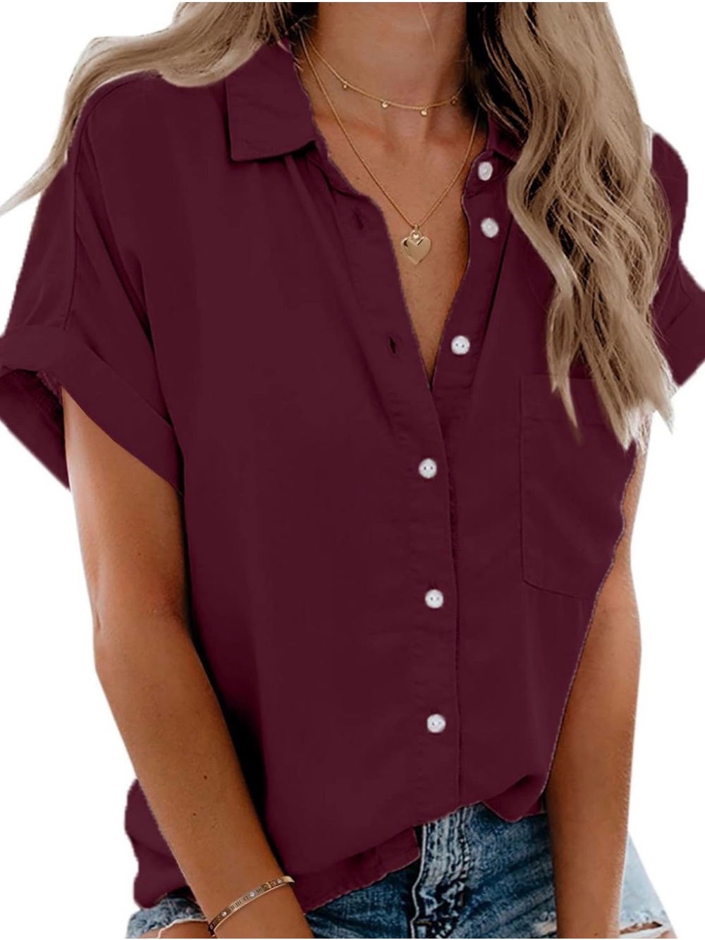 Women’s Short-Sleeve Button-Up Shirt - Burgundy